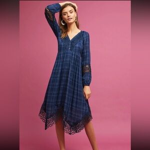 Anthropologie Akemi + Kin Blue Plaid Kerchief Hem Eyelet Dress Size 6